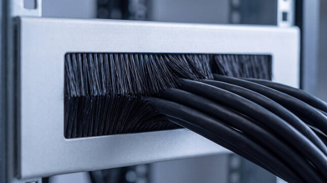 Close-up photograph of black network cables neatly routed through a brush cable management panel in a server rack.