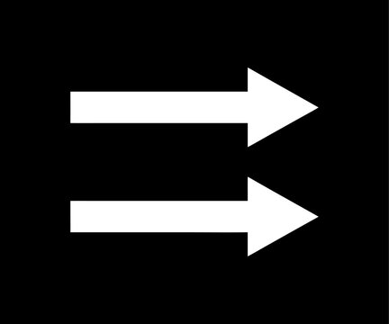 Transparent png of two bold white arrows pointing right stacked vertically with solid triangular arrowheads and straight extending lines on a black background for universal logistics shipping mark
