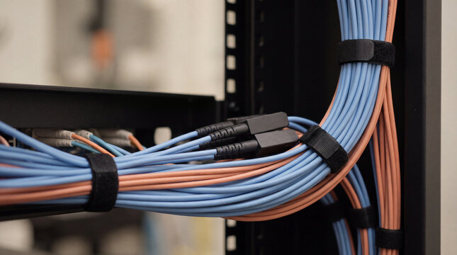 Close-up of vibrant blue and orange network cables neatly bundled with velcro ties within a server rack for efficient.
