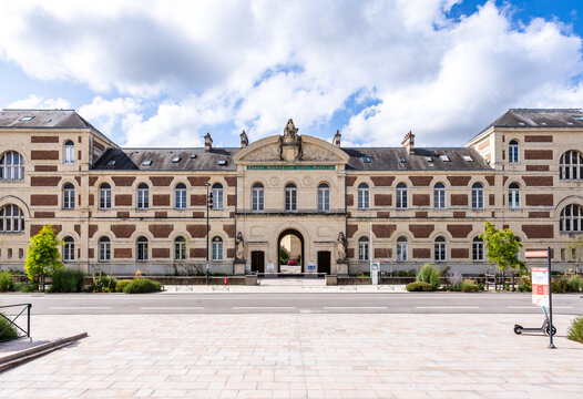 Cherbourg, France - July 20, 2026: Front view of the main facade of the Louis Pasteur Hospital open in 1860, part of the Cotentin Public Hospital Center, on a sunny day.