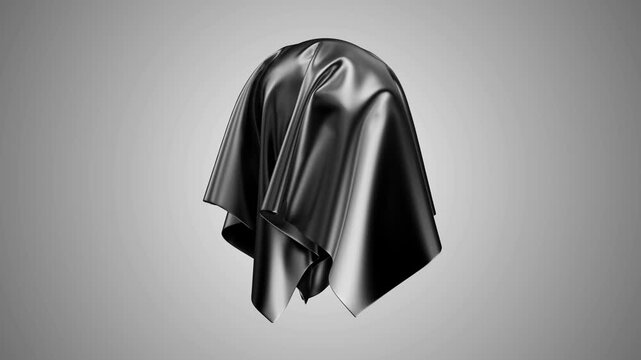 A glossy black fabric sheet floats and undulates in midair against a clean gray studio background, creating smooth folds and elegant motion in a minimal 3D animation
