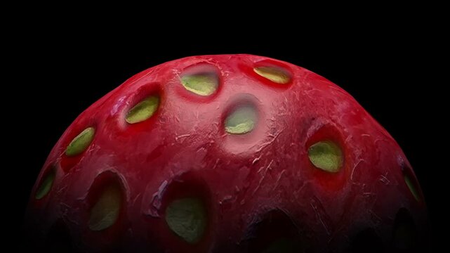 Extreme close-up video of a strawberry skin rotating slowly, showing glossy red texture and embedded seeds against a black background, 3d animation