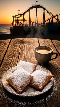 Fresh Powdered Sugar Pastries and Steaming Coffee on Wooden Table at Sunset Beach Pier