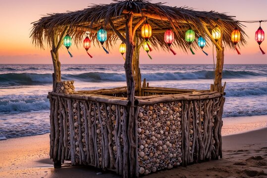 Tropical Beach Hut with Colorful Lanterns at Sunset by the Ocean Waves