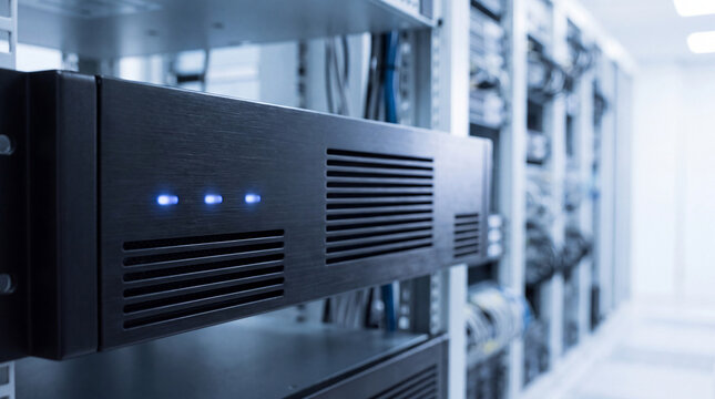 Modern server unit with glowing blue indicator lights installed in a data center rack system.