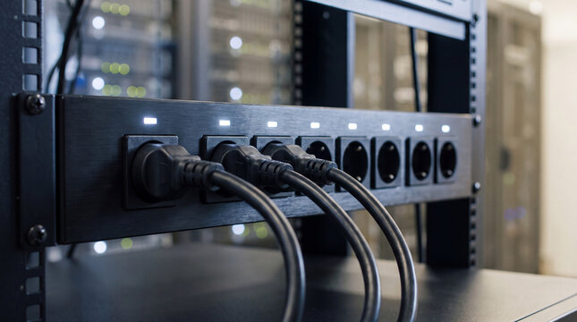 Rack-mounted power distribution unit featuring multiple sockets and connected cables in a busy, illuminated server room.