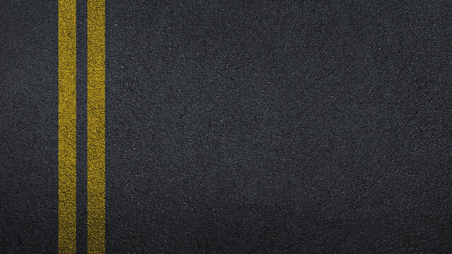  Asphalt road top view with two yellow lines.  Top view