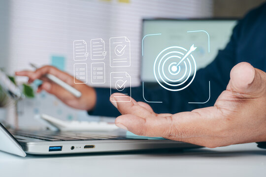 Business goal setting and project management with checklist and target icon, professional planning strategy, task completion, performance tracking, success, productivity and organizational workflow
