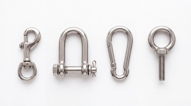 Four shiny industrial steel metal hardware fasteners arranged horizontally in a clean row on white background