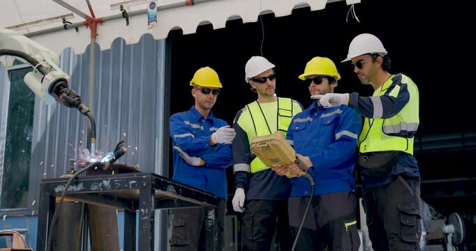 Four adult male technicians observe robotic welding process, pointing toward active weld while reviewing handheld controller as sparks fly during collaborative manufacturing work in factory workshop.