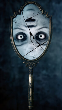 Broken mirror reflecting a face with piercing eyes and cracked glass.