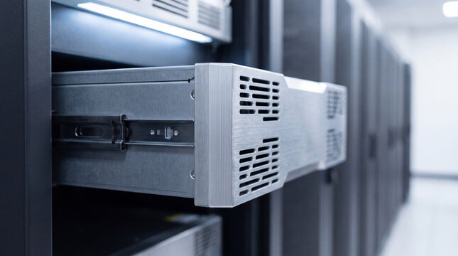 Modern server rack with an open drawer, showcasing advanced data storage technology in a clean facility.