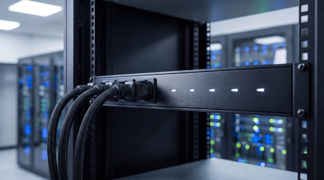 Modern power distribution unit with connected cables in a server rack.