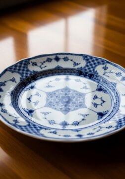 青い花柄のレトロな皿、木目調テーブル
