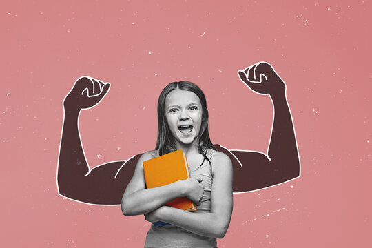 A happy schoolgirl with a books stands on an isolated background and shows off muscles. Back to school and yes, you can do it!