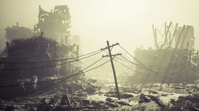 leaning telegraph pole in sunlit ruin field, tangled wires and distant skeletal towers bathed in golden haze, foreground cracked earth and scattered debris,