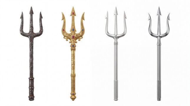 Four distinct metal trident designs featuring gold and silver textures isolated neatly on white background
