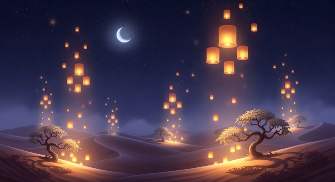 Floating Lanterns Under Moonlit Sky at Night.