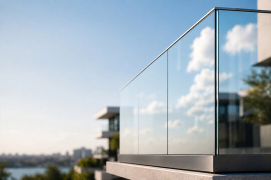 Modernes Glasgel&auml;nder auf Balkon mit blauem Himmel