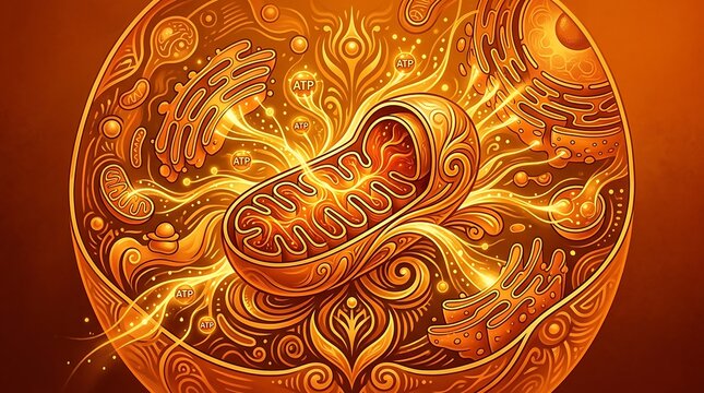Glowing mitochondrion producing atp energy in a stylized cell interior