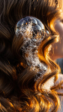 Close-up of a person's hair with soap bubbles and sunlight reflections.