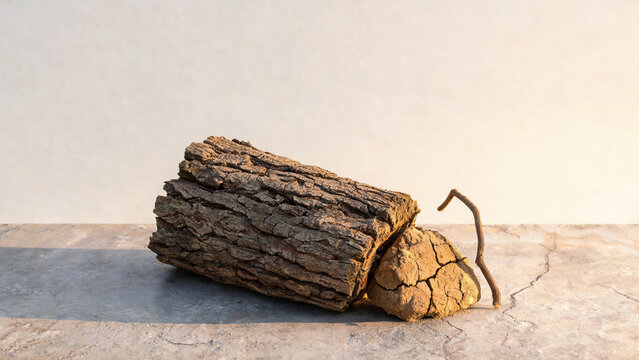 Gnarled tree bark with dry earth clod and bent twig, organic resilience and raw nature concept