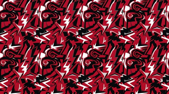 Abstract seamless pattern with red black and white lightning shapes