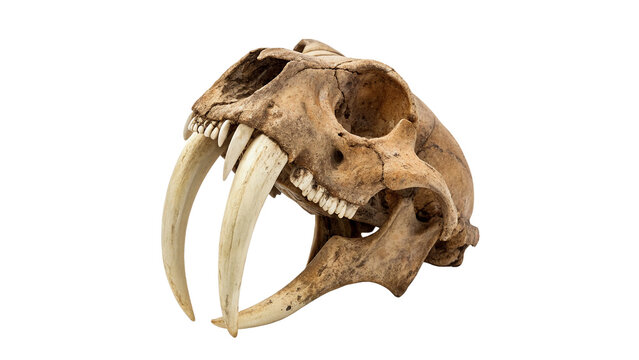 Prehistoric sabertooth tiger skull fossil dangerous predator bones isolated on transparent background cut out