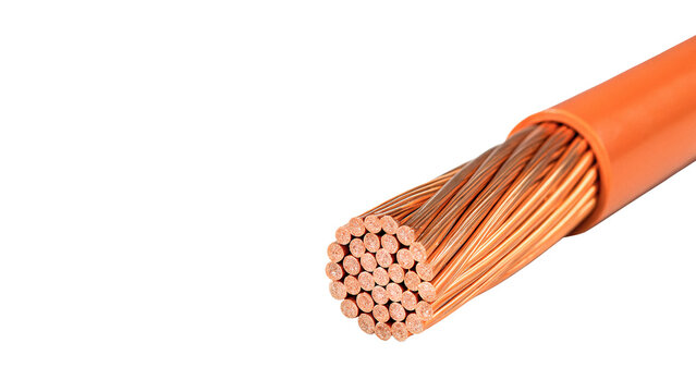 Thick copper electrical cable wire piece with orange insulation isolated on transparent background cut out