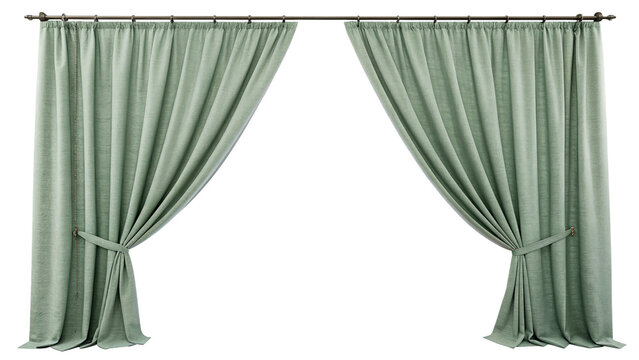 Elegant light green fabric window curtains classic drapes isolated on transparent background cut out