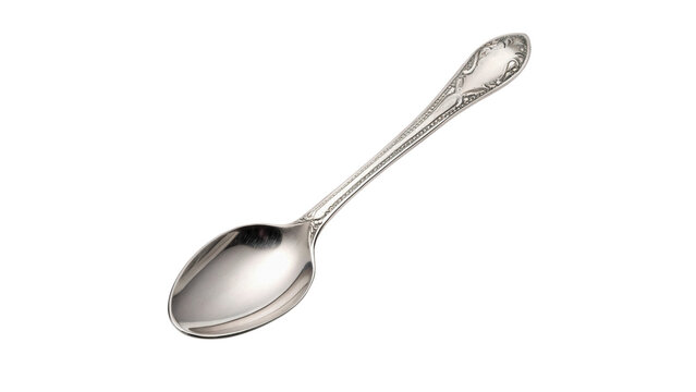 Simple silver metallic dessert spoon cutlery dining utensil isolated on transparent background cut out