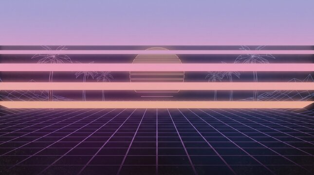 Purple synthwave grid horizon texture for retro futuristic backdrop