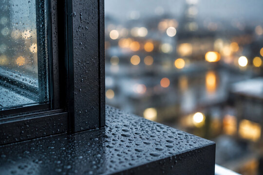 Regentropfen auf schwarzem Fensterrahmen mit unscharfen Stadtlichtern