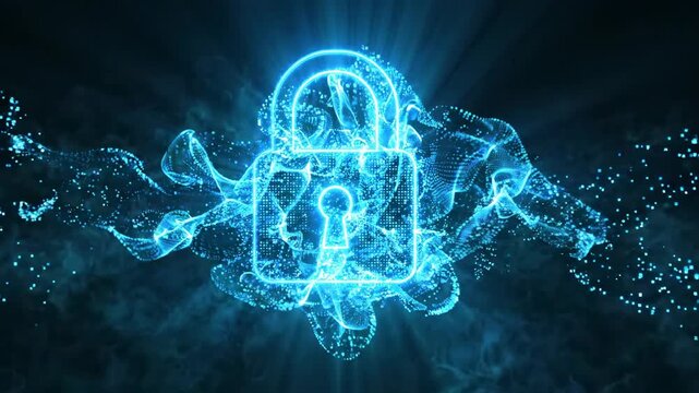 glowing blue neon padlock icon symbolizing digital security and data protection, with particles and smoke effects
