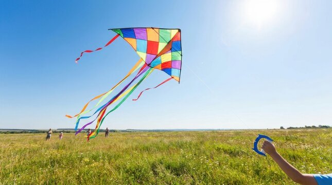 Vibrant multicolored kite with long flowing tails soaring high in a clear blue sky over a sunlit grassy field