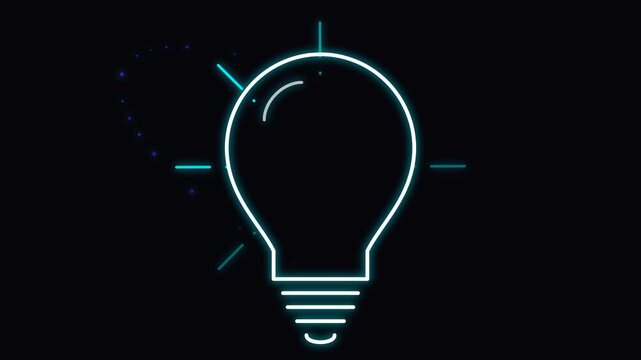 Minimalist Cyan Neon Light Bulb Outline Glowing on Dark Background, Concept of Innovation, Creative Ideas, and Technology