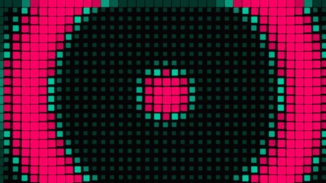 Vibrant Pink and Teal Digital LED Pixel Grid Display with Abstract Concentric Circular Patterns on a Black Background for Tech or Music Visuals