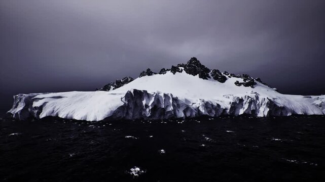 foreboding ice cliff over choppy sea. Tense coastal scene showing steep glacial face, scattered ice floes and rough water, emphasizing navigation risks,
