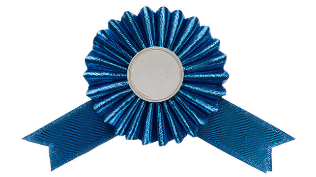 Shiny blue metallic foil award ribbon with pleated circle with tails white background recognition achievement decoration ceremony rosette with symbol