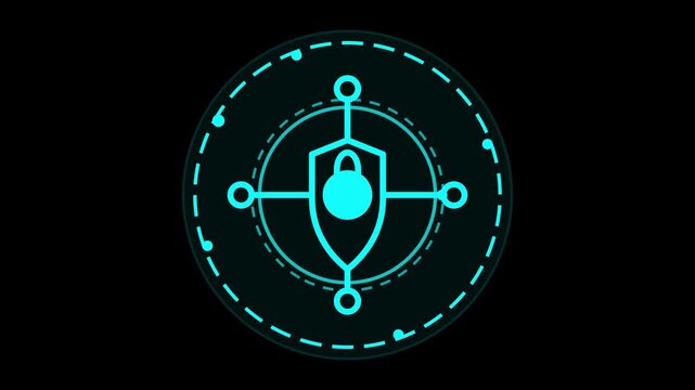 Futuristic cyber security shield icon with glowing digital interface elements and lock symbol representing data protection and secure connection