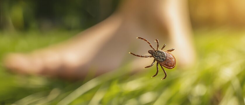 Tick on grass near a bare foot.