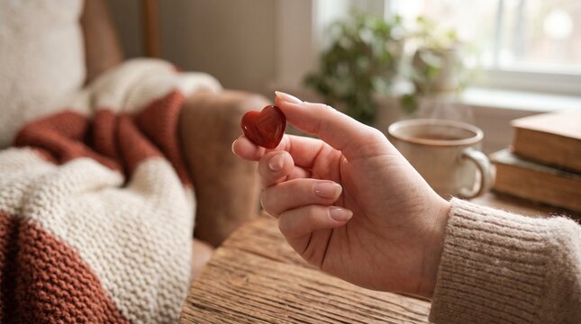 Hand holding a red stone heart with cozy ambiance