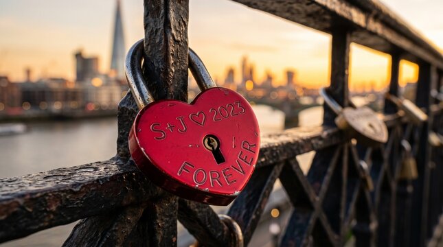 Heart shaped padlock on bridge railing with sunset, love lock scene, romantic atmosphere