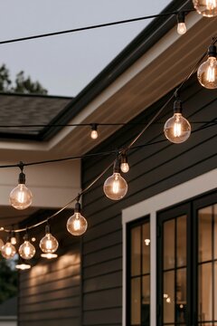 Closeup of warm glowing string lights against dark siding of an upscale home, highlighting the inviting outdoor atmosphere
