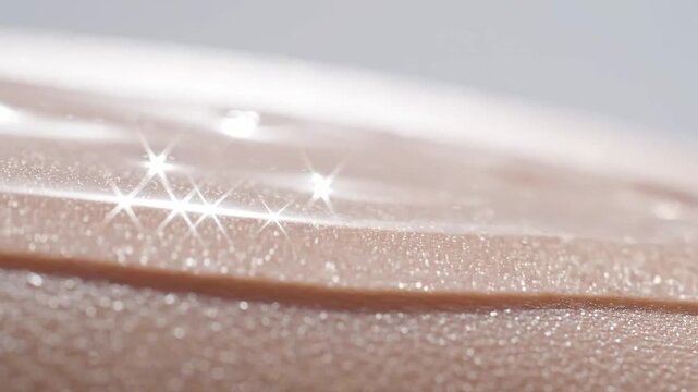 Close up view of transparent serum drop on human skin surface with sparkles light reflection for cosmetics skincare advertisement product showcase commercial video footage
