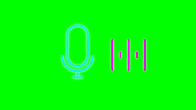Glowing Cyan Neon Microphone Icon and Pink Sound Wave Bars on Green Screen Chroma Key Background for Podcasting, Radio, and Audio Technology