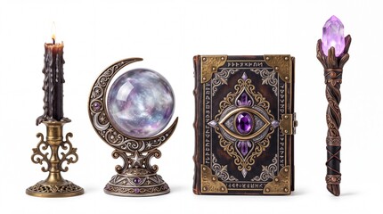 Fototapeta premium Mystical crystal ball with spellbook candle and magic wand displayed on a clean on white background