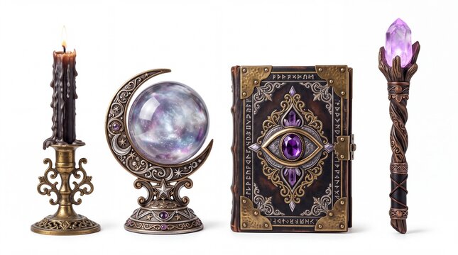 Mystical crystal ball with spellbook candle and magic wand displayed on a clean on white background
