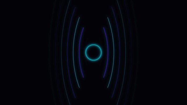 Abstract Sound Wave Representation with Neon Blue Glowing Circle and Concentric Arcs on Black Background for Technology and Science Concepts