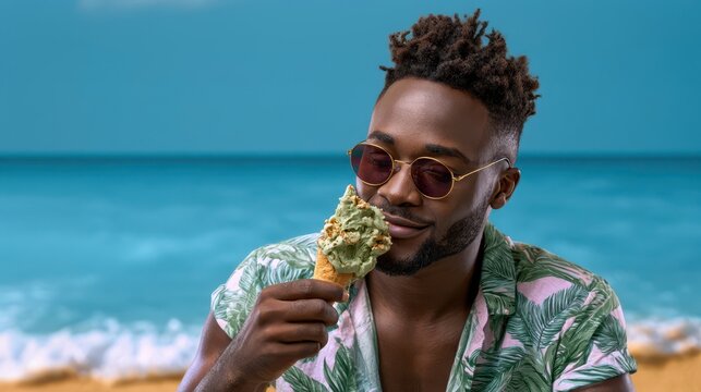 Black Man Enjoying Ice Cream Cone on Tropical Beach During Summer Vacation